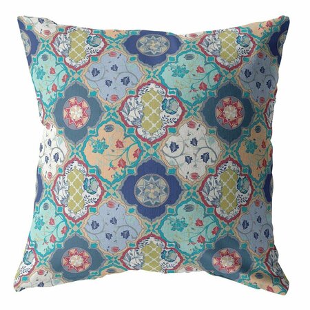 PALACEDESIGNS 18 in. Trellis Indoor & Outdoor Throw Pillow Moss Green Blue & Peach PA3095377